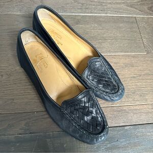 Italian Black Woven Leather Loafers Size 37.5 Vintage